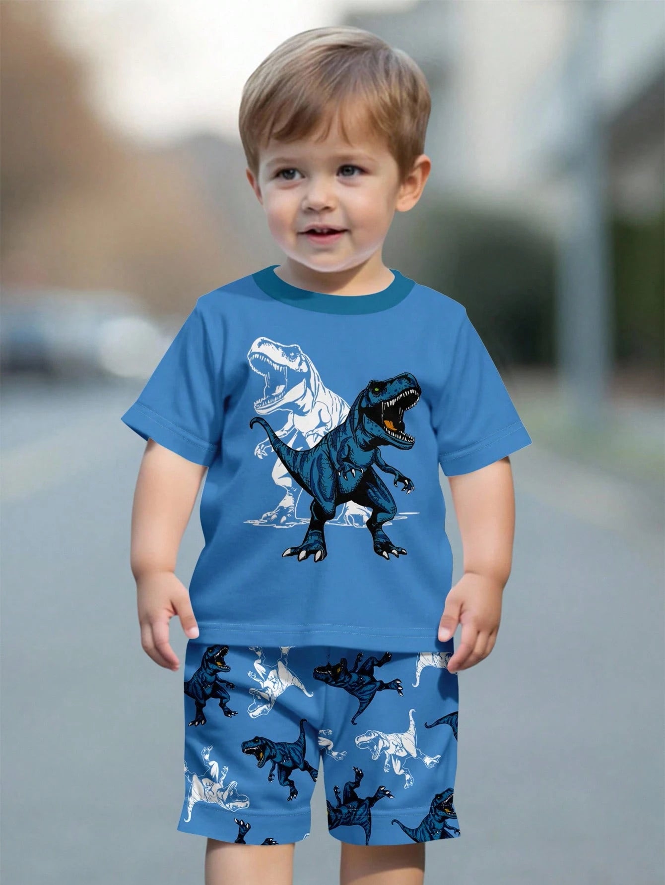 2pcs/Set Baby Boy Casual Cute Cartoon Lizard Print Round Neck Short Sleeve T-Shirt And Lizard Pattern Shorts, Summer Outfit