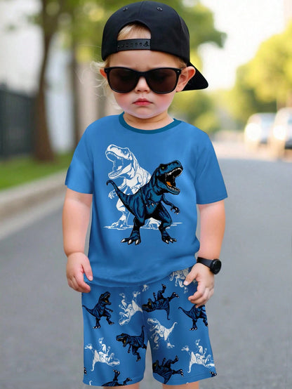 2pcs/Set Baby Boy Casual Cute Cartoon Lizard Print Round Neck Short Sleeve T-Shirt And Lizard Pattern Shorts, Summer Outfit