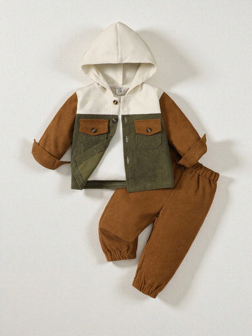 2pcs Set Baby Boys Soft Chocolate Brown Color Block Hooded Cardigan Jacket Pants Modest Old Money Alt Autumn Outfit Vacation School Daily Holiday City