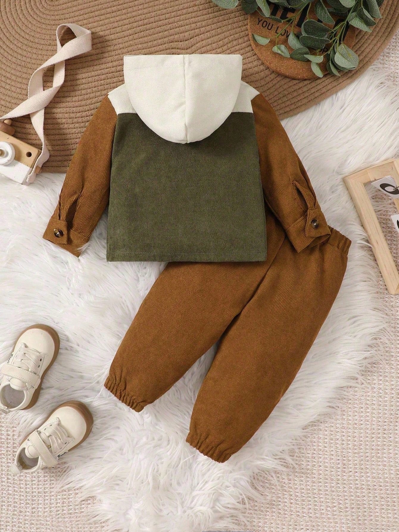 2pcs Set Baby Boys Soft Chocolate Brown Color Block Hooded Cardigan Jacket Pants Modest Old Money Alt Autumn Outfit Vacation School Daily Holiday City