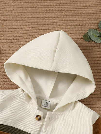 2pcs Set Baby Boys Soft Chocolate Brown Color Block Hooded Cardigan Jacket Pants Modest Old Money Alt Autumn Outfit Vacation School Daily Holiday City