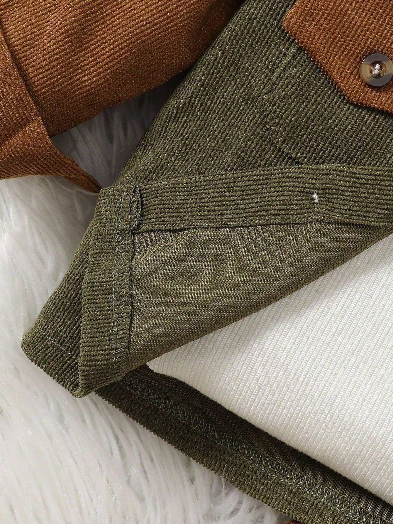 2pcs Set Baby Boys Soft Chocolate Brown Color Block Hooded Cardigan Jacket Pants Modest Old Money Alt Autumn Outfit Vacation School Daily Holiday City