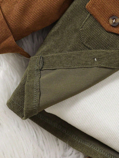 2pcs Set Baby Boys Soft Chocolate Brown Color Block Hooded Cardigan Jacket Pants Modest Old Money Alt Autumn Outfit Vacation School Daily Holiday City