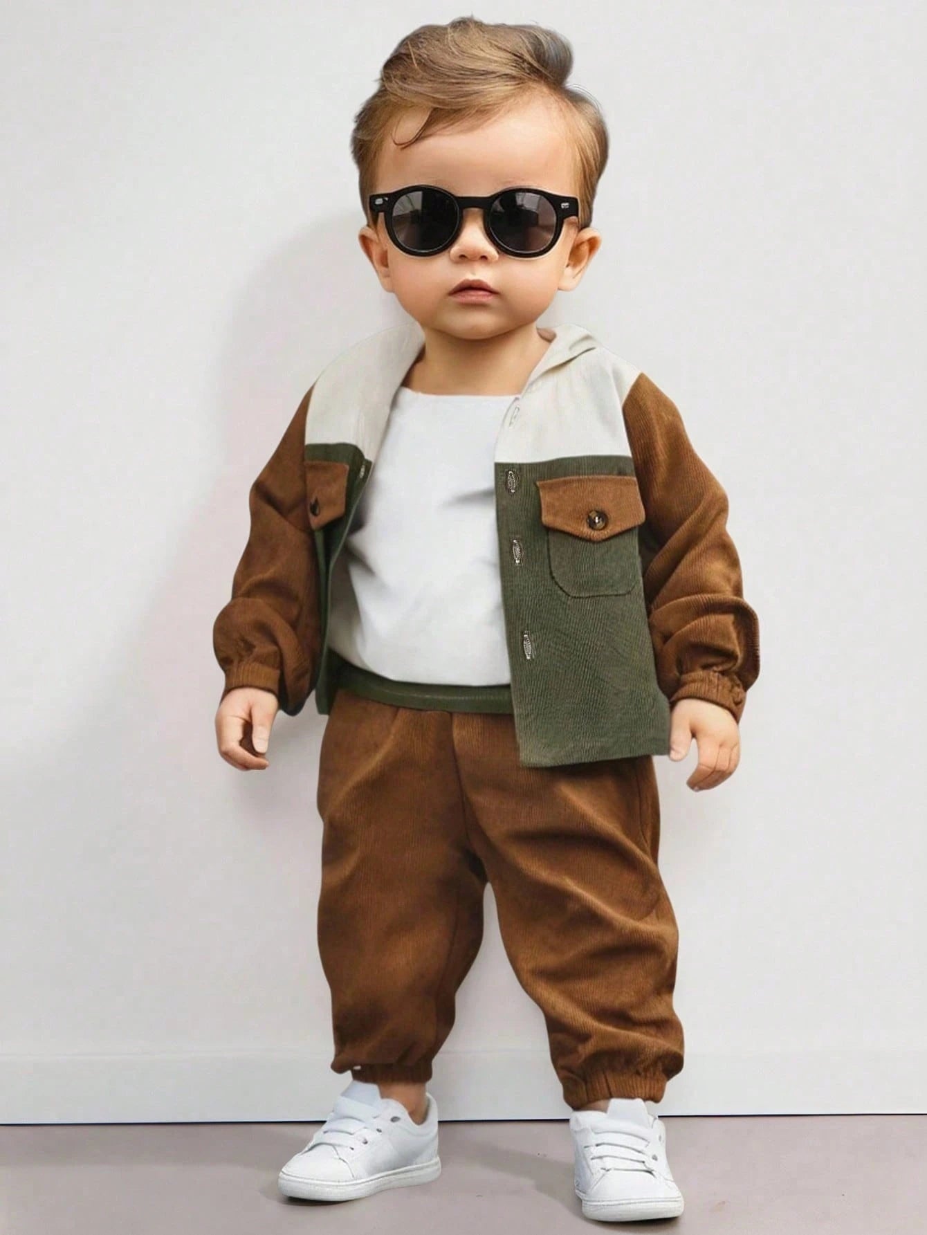 2pcs Set Baby Boys Soft Chocolate Brown Color Block Hooded Cardigan Jacket Pants Modest Old Money Alt Autumn Outfit Vacation School Daily Holiday City