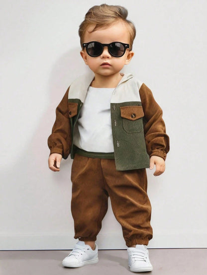 2pcs Set Baby Boys Soft Chocolate Brown Color Block Hooded Cardigan Jacket Pants Modest Old Money Alt Autumn Outfit Vacation School Daily Holiday City