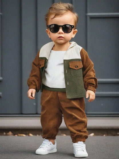 2pcs Set Baby Boys Soft Chocolate Brown Color Block Hooded Cardigan Jacket Pants Modest Old Money Alt Autumn Outfit Vacation School Daily Holiday City