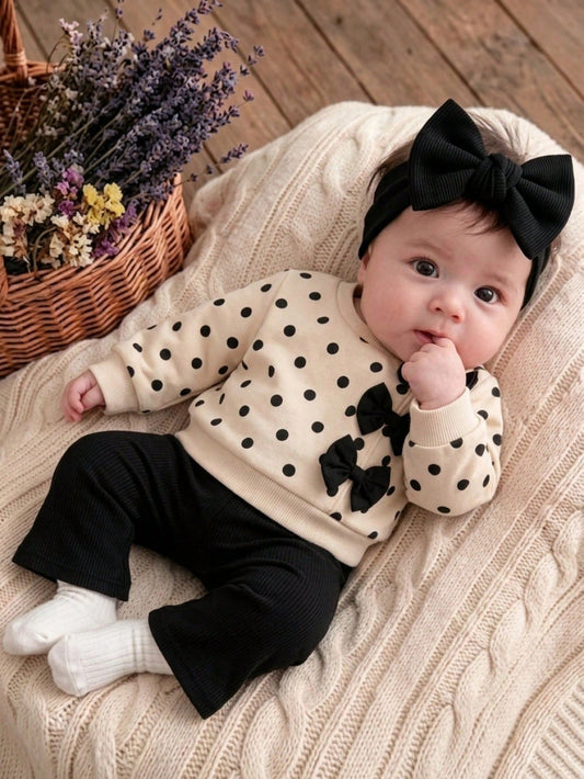 2pcs/Set Baby Girl Black & Pink Autumn Cute Parent-Child Style Brown Long Sleeve Sweatshirt With Black Bow Decor Flare Pants Outfit, Suitable For Photos And Daily Wear