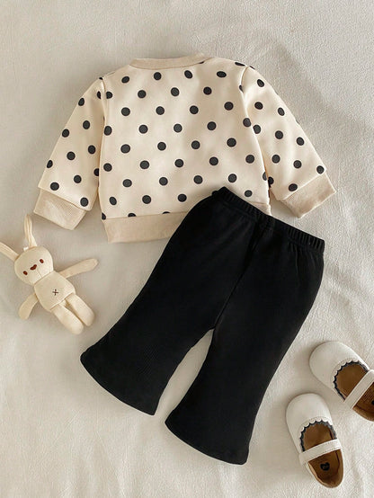 2pcs/Set Baby Girl Black & Pink Autumn Cute Parent-Child Style Brown Long Sleeve Sweatshirt With Black Bow Decor Flare Pants Outfit, Suitable For Photos And Daily Wear