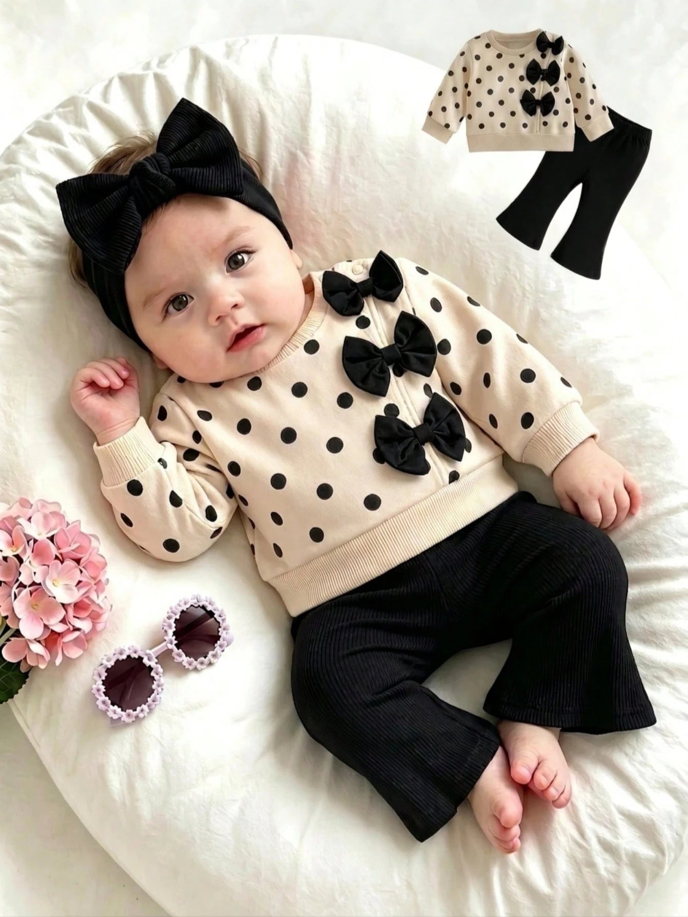 2pcs/Set Baby Girl Black & Pink Autumn Cute Parent-Child Style Brown Long Sleeve Sweatshirt With Black Bow Decor Flare Pants Outfit, Suitable For Photos And Daily Wear