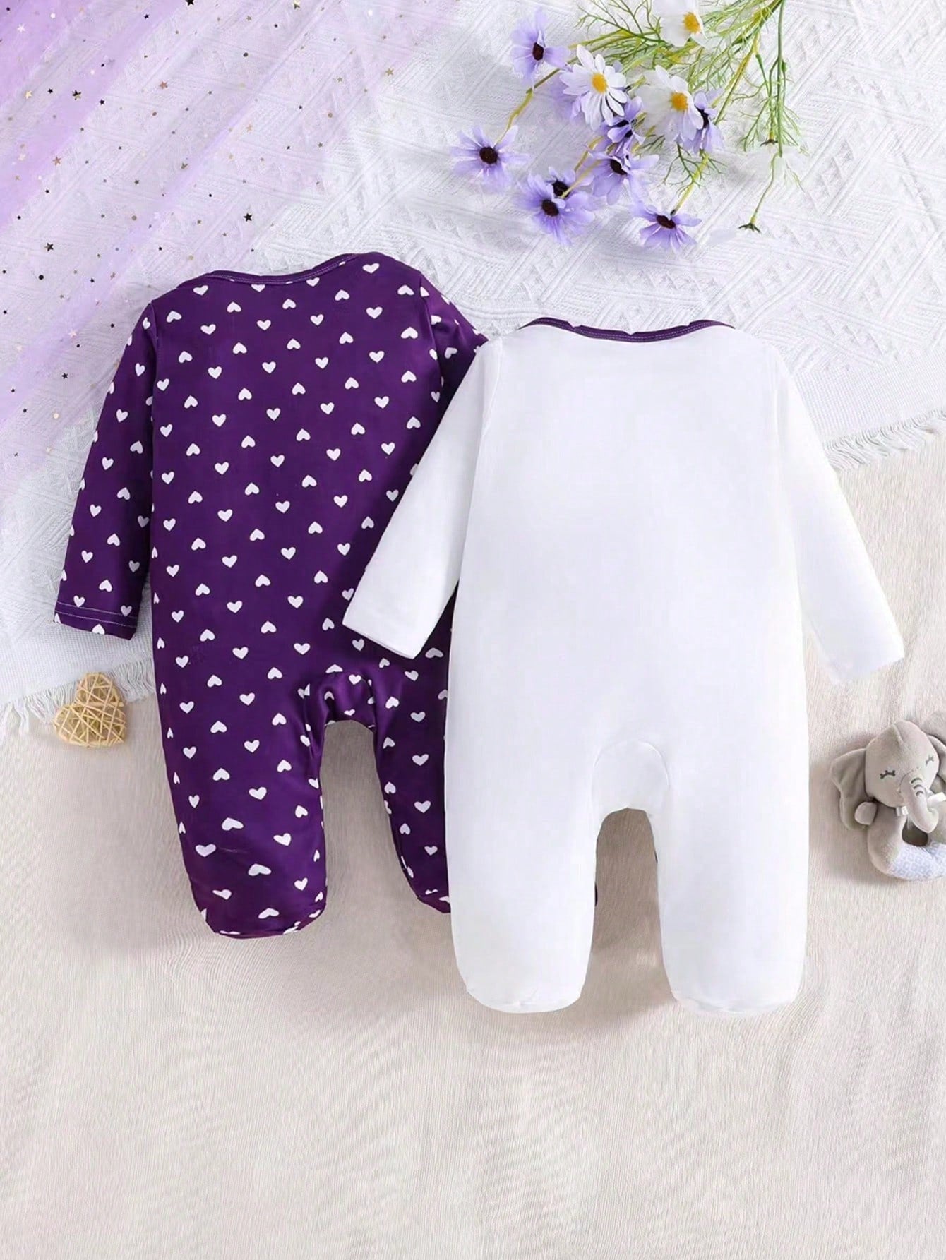 2pcs/Set Baby Girls' Heart & Elephant Print Long Sleeve Jumpsuit, All Season