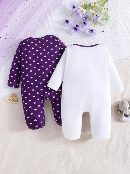2pcs/Set Baby Girls' Heart & Elephant Print Long Sleeve Jumpsuit, All Season
