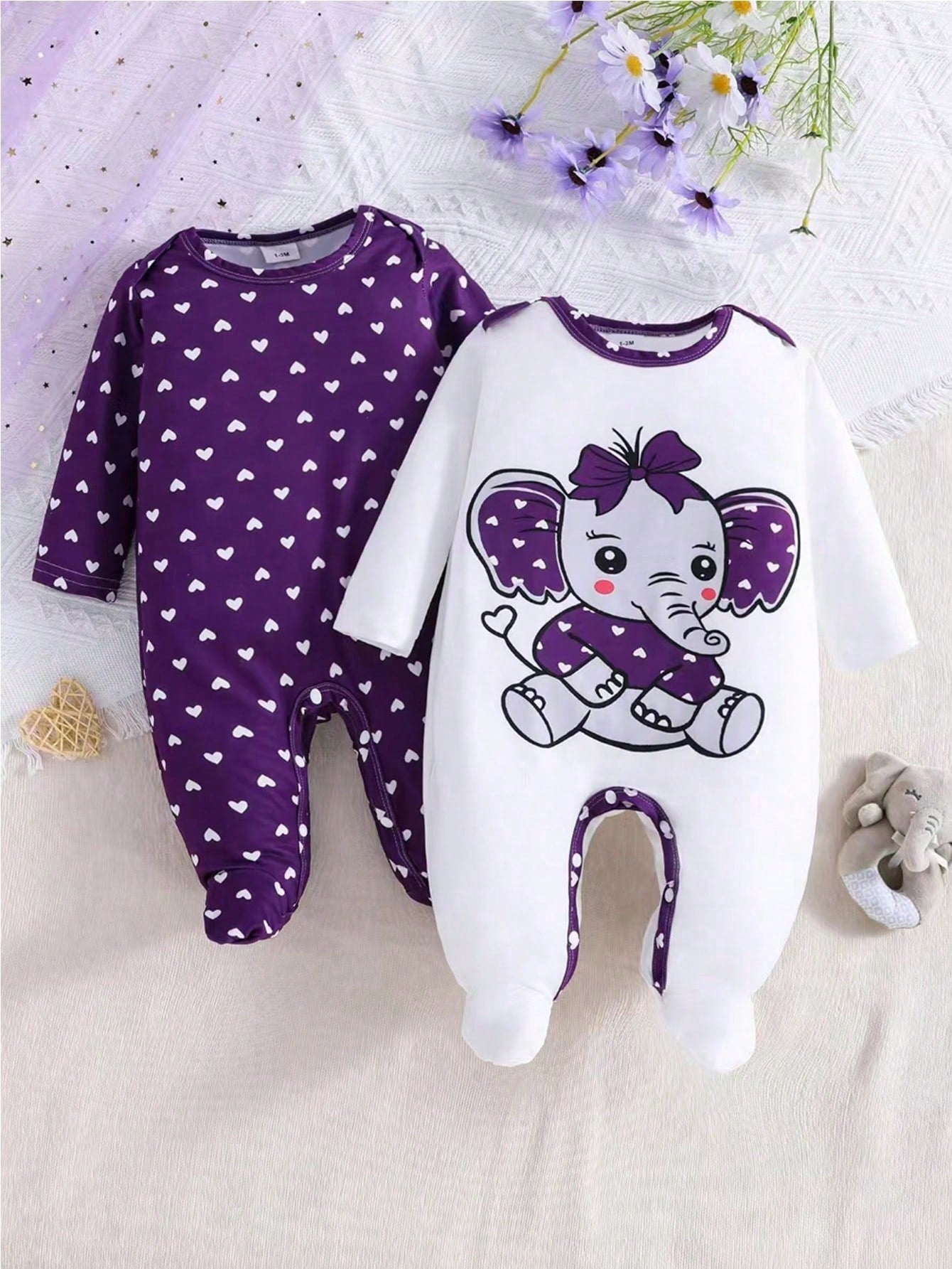 2pcs/Set Baby Girls' Heart & Elephant Print Long Sleeve Jumpsuit, All Season