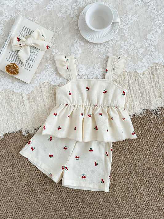2pcs/Set Baby Girls' Summer Outfit Cute Cherry Print Camisole Top Elastic Waist Shorts Headband Soft Red And White Summer Cute Vacation Clothing Set