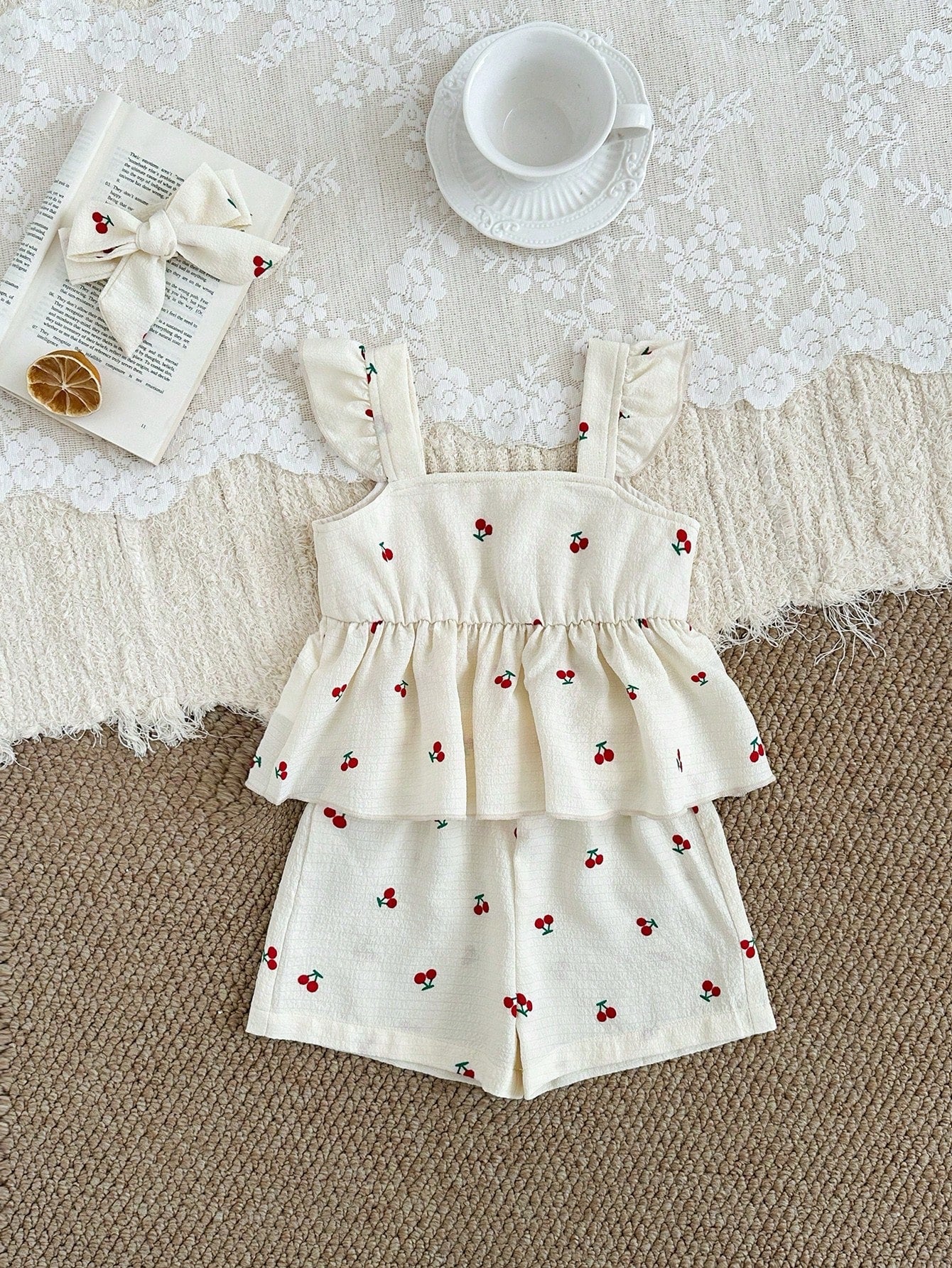 2pcs/Set Baby Girls' Summer Outfit Cute Cherry Print Camisole Top Elastic Waist Shorts Headband Soft Red And White Summer Cute Vacation Clothing Set