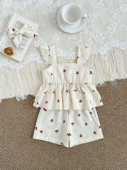 2pcs/Set Baby Girls' Summer Outfit Cute Cherry Print Camisole Top Elastic Waist Shorts Headband Soft Red And White Summer Cute Vacation Clothing Set
