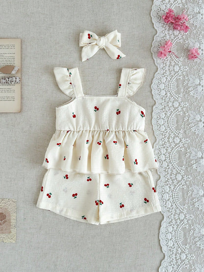 2pcs/Set Baby Girls' Summer Outfit Cute Cherry Print Camisole Top Elastic Waist Shorts Headband Soft Red And White Summer Cute Vacation Clothing Set