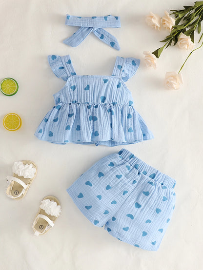 2pcs/Set Baby Girls' Summer Outfit Cute Cherry Print Camisole Top Elastic Waist Shorts Headband Soft Red And White Summer Cute Vacation Clothing Set