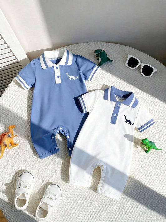 2pcs/Set Newborn Baby Boys' Dinosaur Print Polo Collar Short Sleeve Romper Outfit, Summer