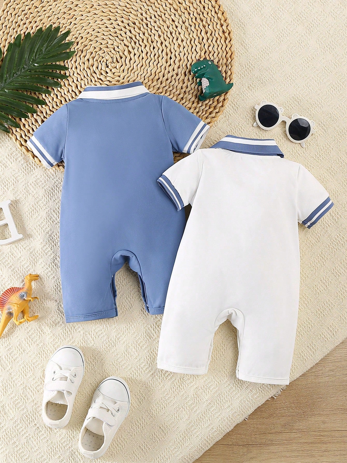 2pcs/Set Newborn Baby Boys' Dinosaur Print Polo Collar Short Sleeve Romper Outfit, Summer