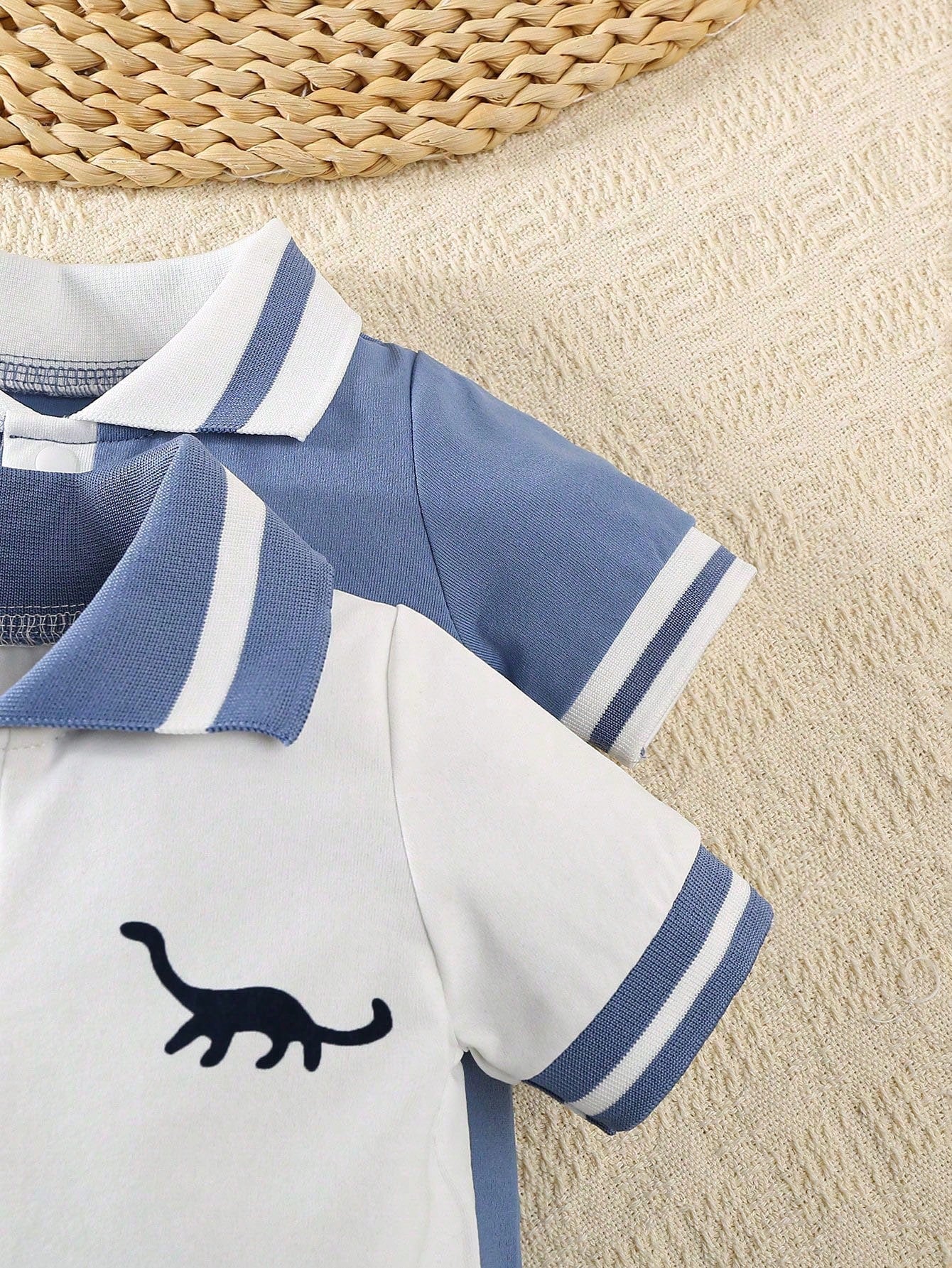 2pcs/Set Newborn Baby Boys' Dinosaur Print Polo Collar Short Sleeve Romper Outfit, Summer