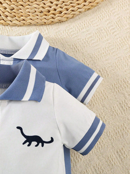 2pcs/Set Newborn Baby Boys' Dinosaur Print Polo Collar Short Sleeve Romper Outfit, Summer