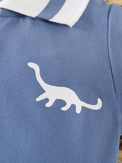 2pcs/Set Newborn Baby Boys' Dinosaur Print Polo Collar Short Sleeve Romper Outfit, Summer