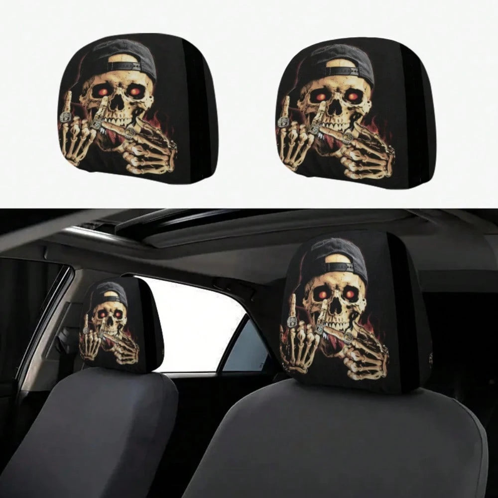 2pcs Set, Skull Wearing A Hat With Glowing Ring Flame Design, 2D Flat Funny Print, Suitable For Travel/Daily Commuting/Year-Round Use, Car Interior Decoration, Fun Headrest Car Cover, Car Seat Headres