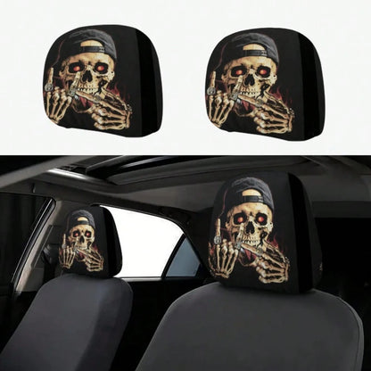 2pcs Set, Skull Wearing A Hat With Glowing Ring Flame Design, 2D Flat Funny Print, Suitable For Travel/Daily Commuting/Year-Round Use, Car Interior Decoration, Fun Headrest Car Cover, Car Seat Headres