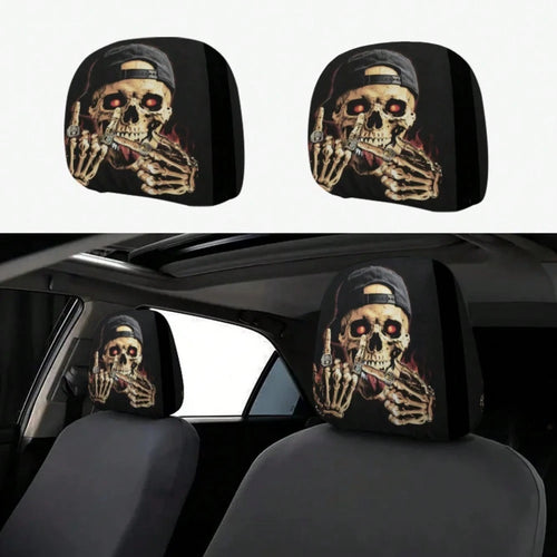 2pcs Set, Skull Wearing A Hat With Glowing Ring Flame Design, 2D Flat Funny Print, Suitable For Travel/Daily Commuting/Year-Round Use, Car Interior Decoration, Fun Headrest Car Cover, Car Seat Headres