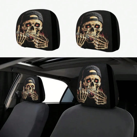 2pcs Set, Skull Wearing A Hat With Glowing Ring Flame Design, 2D Flat Funny Print, Suitable For Travel/Daily Commuting/Year-Round Use, Car Interior Decoration, Fun Headrest Car Cover, Car Seat Headres