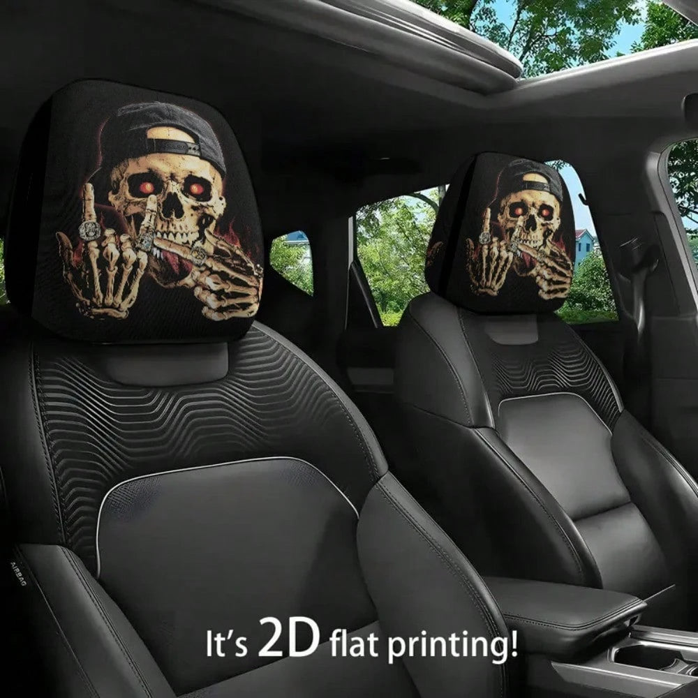 2pcs Set, Skull Wearing A Hat With Glowing Ring Flame Design, 2D Flat Funny Print, Suitable For Travel/Daily Commuting/Year-Round Use, Car Interior Decoration, Fun Headrest Car Cover, Car Seat Headres
