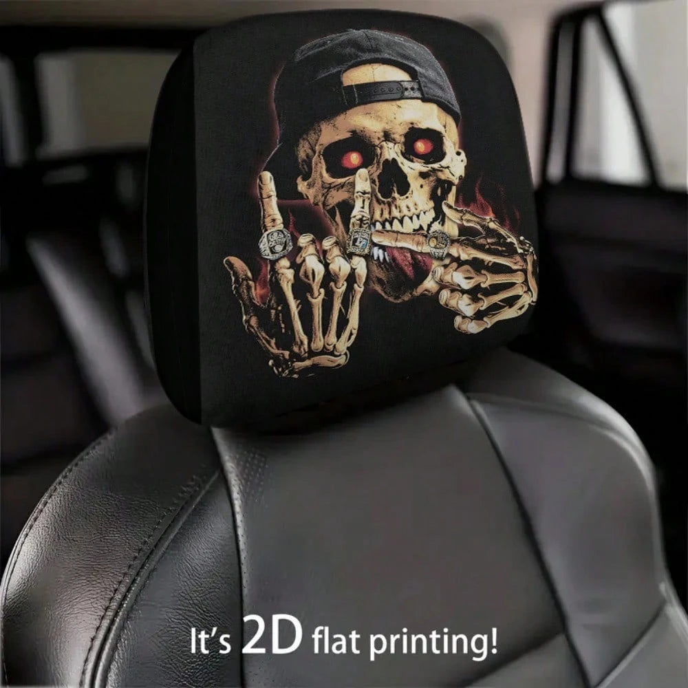 2pcs Set, Skull Wearing A Hat With Glowing Ring Flame Design, 2D Flat Funny Print, Suitable For Travel/Daily Commuting/Year-Round Use, Car Interior Decoration, Fun Headrest Car Cover, Car Seat Headres