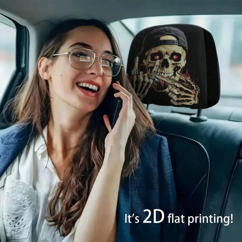 2pcs Set, Skull Wearing A Hat With Glowing Ring Flame Design, 2D Flat Funny Print, Suitable For Travel/Daily Commuting/Year-Round Use, Car Interior Decoration, Fun Headrest Car Cover, Car Seat Headres