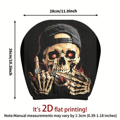 2pcs Set, Skull Wearing A Hat With Glowing Ring Flame Design, 2D Flat Funny Print, Suitable For Travel/Daily Commuting/Year-Round Use, Car Interior Decoration, Fun Headrest Car Cover, Car Seat Headres