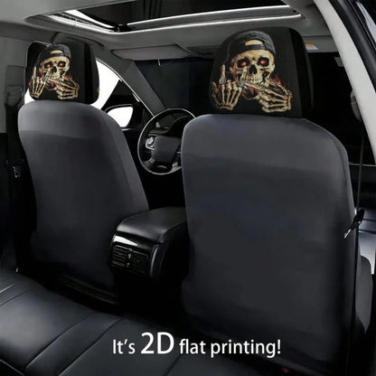 2pcs Set, Skull Wearing A Hat With Glowing Ring Flame Design, 2D Flat Funny Print, Suitable For Travel/Daily Commuting/Year-Round Use, Car Interior Decoration, Fun Headrest Car Cover, Car Seat Headres