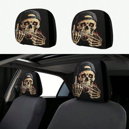 2pcs Set, Skull Wearing A Hat With Glowing Ring Flame Design, 2D Flat Funny Print, Suitable For Travel/Daily Commuting/Year-Round Use, Car Interior Decoration, Fun Headrest Car Cover, Car Seat Headres