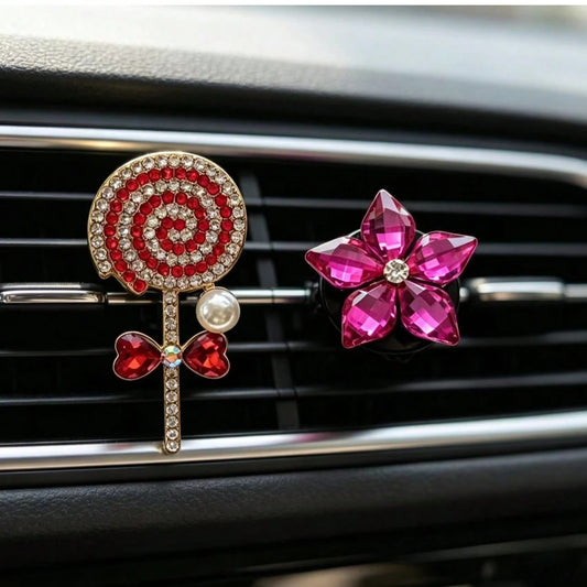 2pcs Sparkling Rhinestone Lollipop Crystal Flower Car Air Vent Perfume Clip Car Interior Decoration