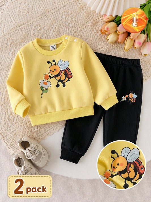 2pcs Toddler Baby Infant Girls Cute Yellow Bee Graphic Long Sleeve Pullover Soft Thick Sweatshirt Sweat Pants 2 Piece Sets Matching Set Fall School