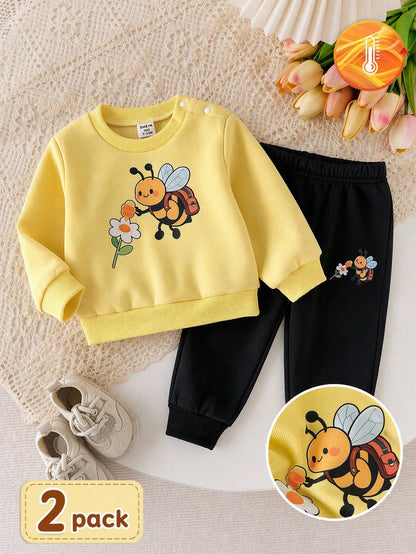 2pcs Toddler Baby Infant Girls Cute Yellow Bee Graphic Long Sleeve Pullover Soft Thick Sweatshirt Sweat Pants 2 Piece Sets Matching Set Fall School
