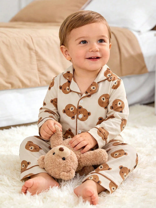 2pcs Toddler Boys Cute Casual Cartoon Bear Print Zip-Up Long Sleeve Top And Pants Homewear Set, Light Apricot Fall Winter