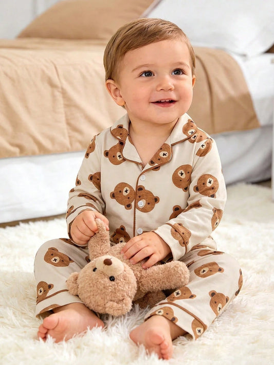 2pcs Toddler Boys Cute Casual Cartoon Bear Print Zip-Up Long Sleeve Top And Pants Homewear Set, Light Apricot Fall Winter