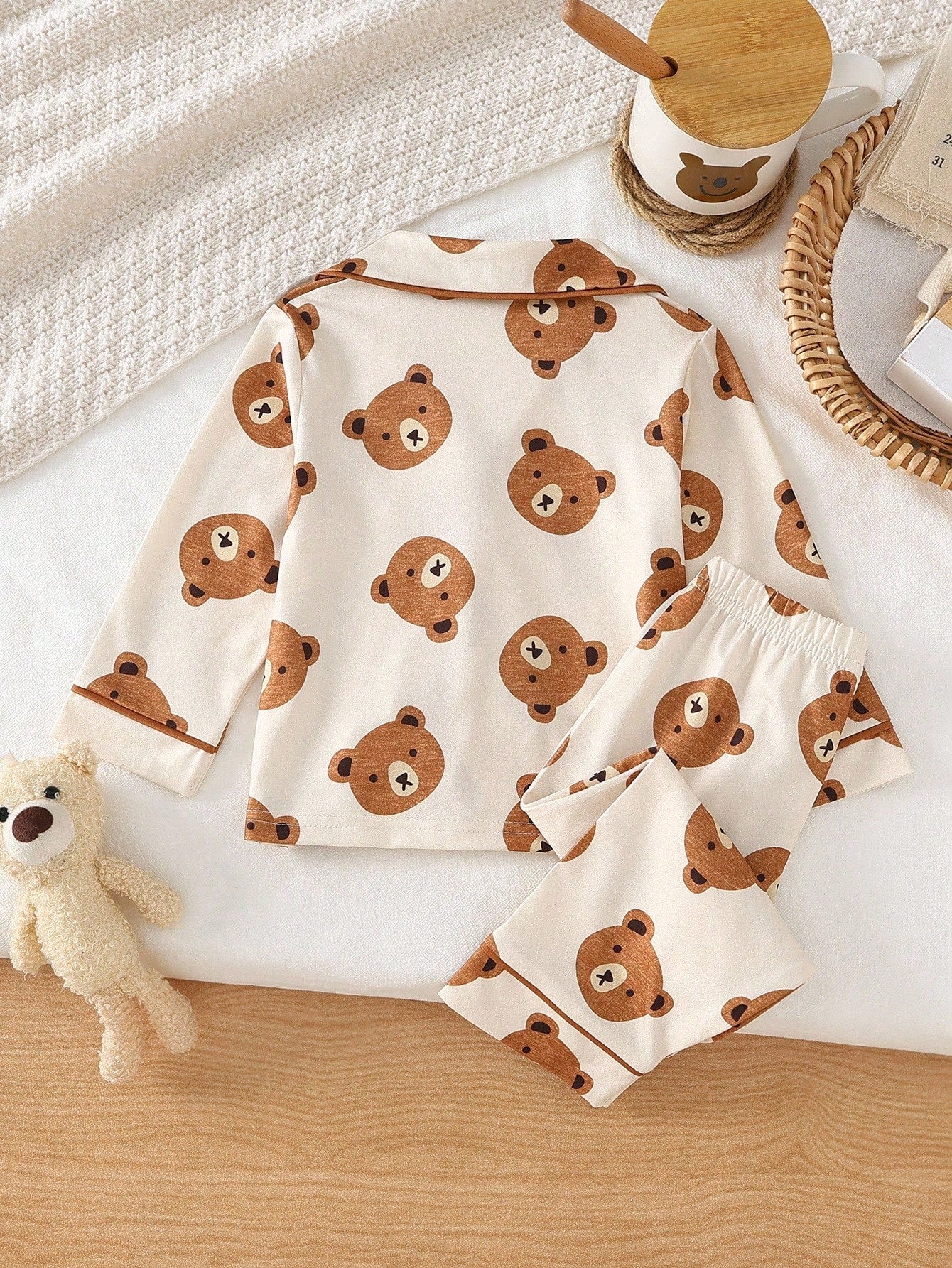 2pcs Toddler Boys Cute Casual Cartoon Bear Print Zip-Up Long Sleeve Top And Pants Homewear Set, Light Apricot Fall Winter