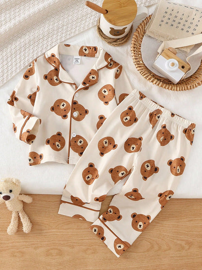 2pcs Toddler Boys Cute Casual Cartoon Bear Print Zip-Up Long Sleeve Top And Pants Homewear Set, Light Apricot Fall Winter