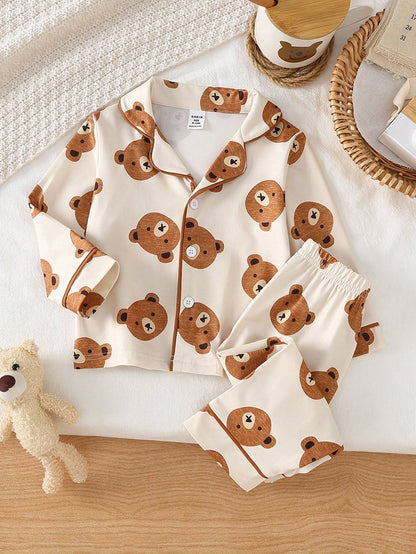 2pcs Toddler Boys Cute Casual Cartoon Bear Print Zip-Up Long Sleeve Top And Pants Homewear Set, Light Apricot Fall Winter