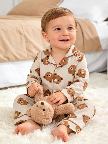 2pcs Toddler Boys Cute Casual Cartoon Bear Print Zip-Up Long Sleeve Top And Pants Homewear Set, Light Apricot Fall Winter