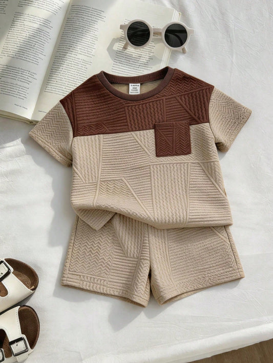 2pcs Unisex Baby Boy/Girl Casual Cute Colorblock Short Sleeve T-Shirt And Shorts Set, Baby Boy Outfit Sets, Baby Boy Summer Clothes