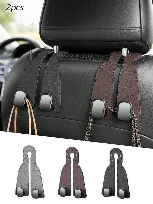 2pcs Universal Car Seat Back PU Leather Headrest Hooks, Retro Minimalist Solid Color Stitched Leather Hanging Strap Hidden High-Load Bearing Car Storage Bracket, Curved Strap Design Rivet Stitched Det