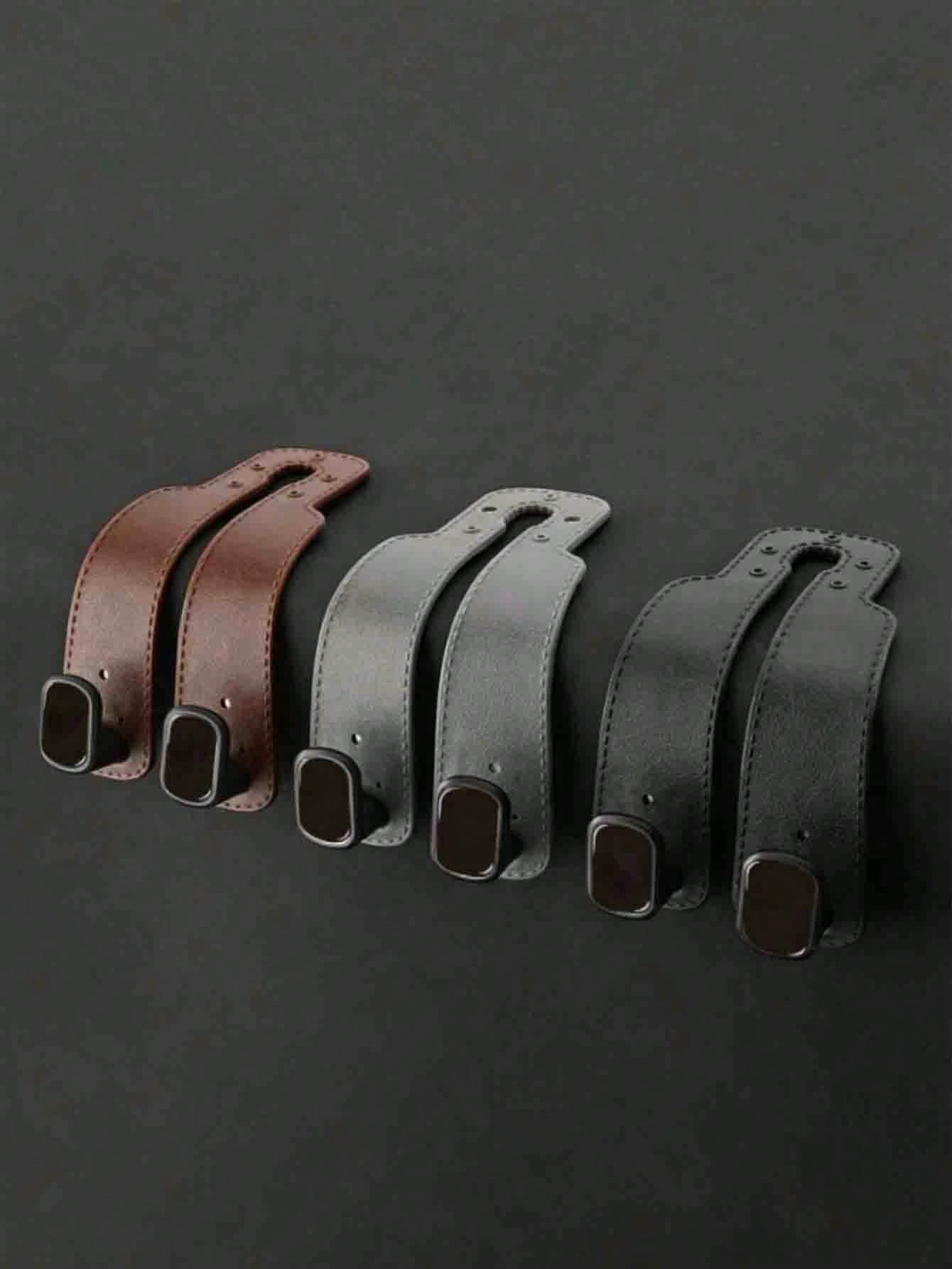 2pcs Universal Car Seat Back PU Leather Headrest Hooks, Retro Minimalist Solid Color Stitched Leather Hanging Strap Hidden High-Load Bearing Car Storage Bracket, Curved Strap Design Rivet Stitched Det