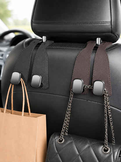 2pcs Universal Car Seat Back PU Leather Headrest Hooks, Retro Minimalist Solid Color Stitched Leather Hanging Strap Hidden High-Load Bearing Car Storage Bracket, Curved Strap Design Rivet Stitched Det