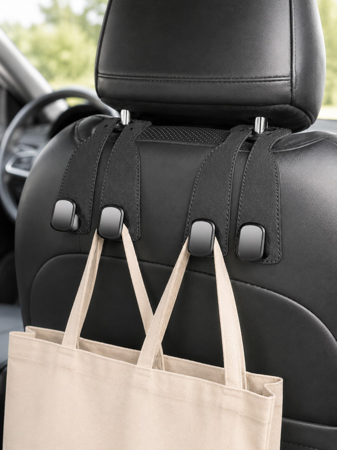 2pcs Universal Car Seat Back PU Leather Headrest Hooks, Retro Minimalist Solid Color Stitched Leather Hanging Strap Hidden High-Load Bearing Car Storage Bracket, Curved Strap Design Rivet Stitched Det